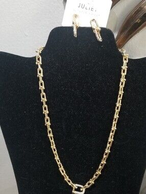 Gold Link Chain Necklace with Pavé Accent And EARRING SET